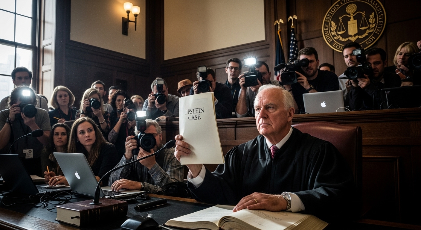 법정에서 판사가 '엡스타인 사건' 문서를 들고 있는 장면, 기자와 사진가들이 이를 촬영하고 있는 모습.