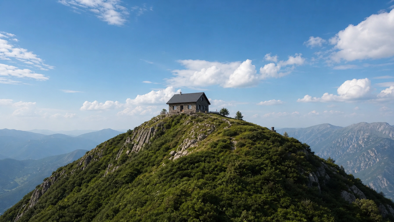 푸른 숲과 맑은 하늘 아래 산 정상에 위치한 외딴 집