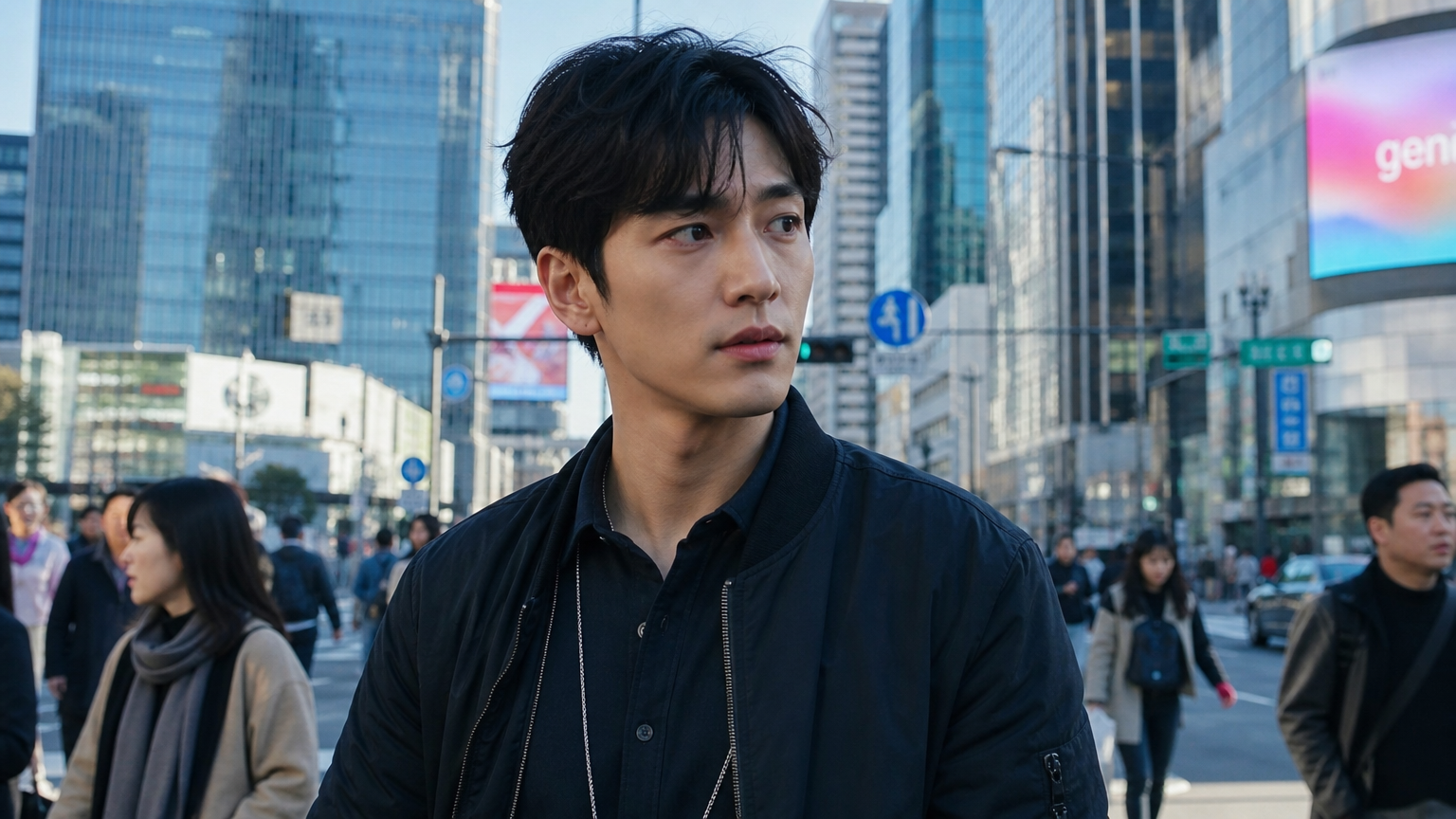젊고 결단력 있는 표정의 신참 형사가 서울 도심 거리에서 포착된 모습