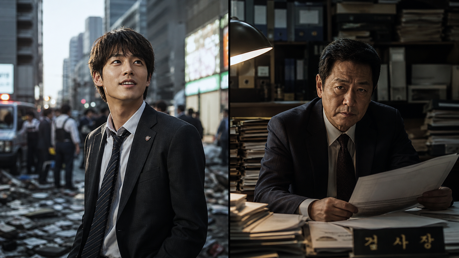활기 넘치는 젊은 형사가 혼란스러운 도시 환경 속에서 희망적인 표정을 짓는 모습과 어두운 사무실에서 서류에 둘러싸인 중년 검사의 대조