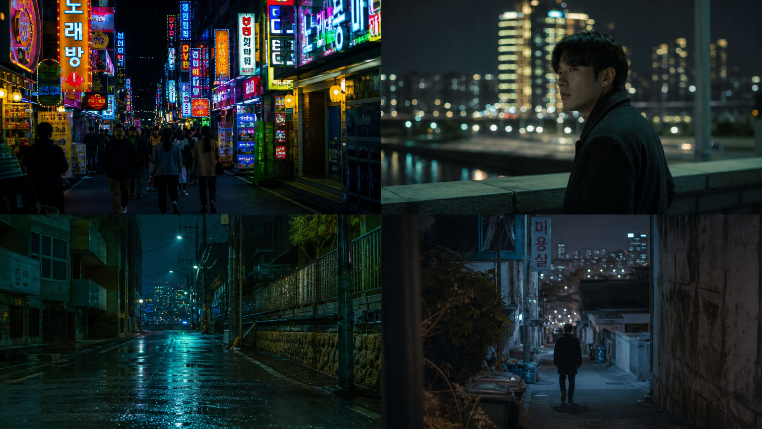 서울 밤거리의 생동감을 강조하는 밝고 역동적인 색상 대 어둡고 차가운 색조로 고독함을 표현한 영화 장면