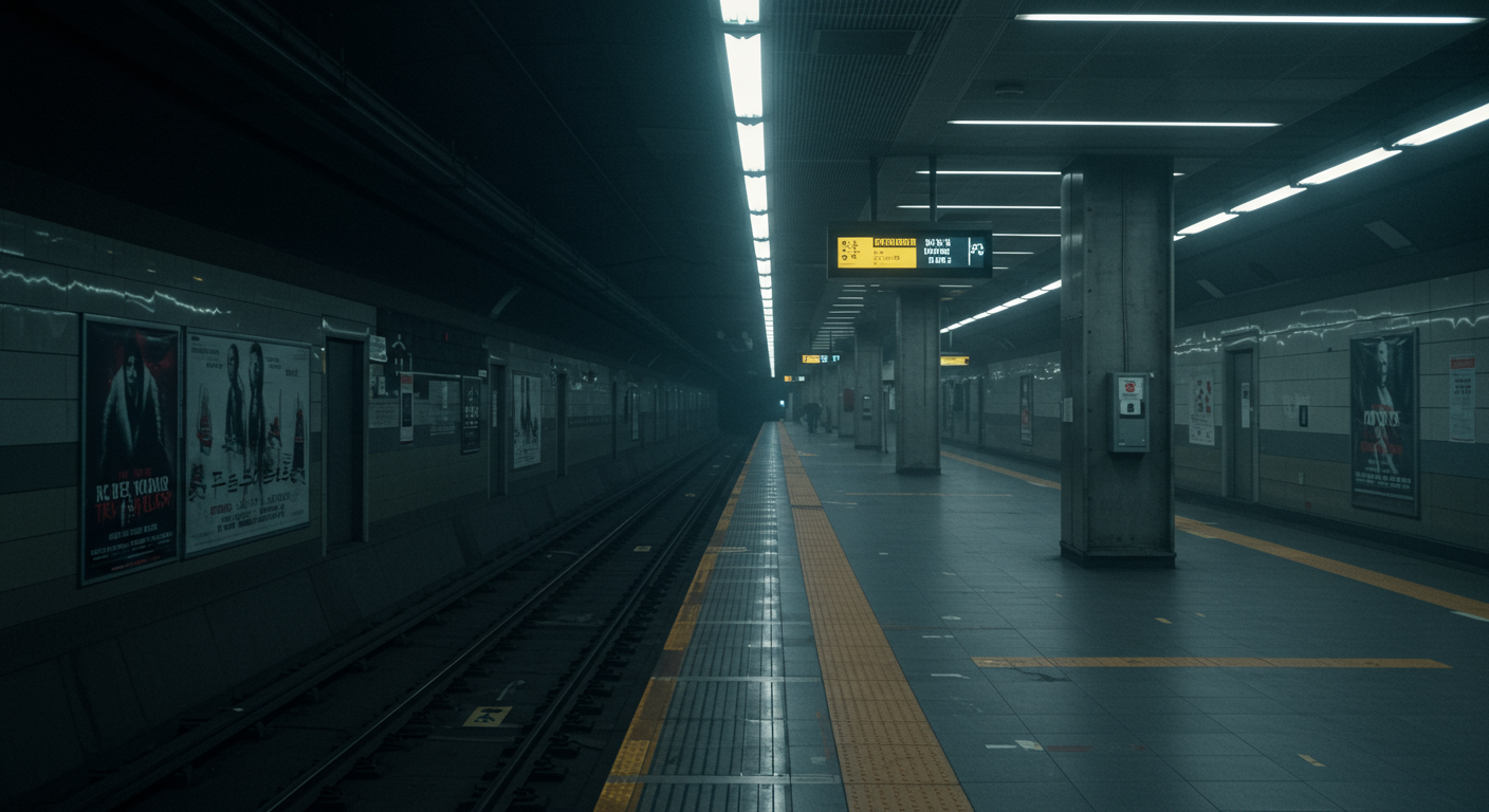 한국 현대 지하철역에서 어두운 조명과 긴장감 있는 분위기를 배경으로 한 이미지
