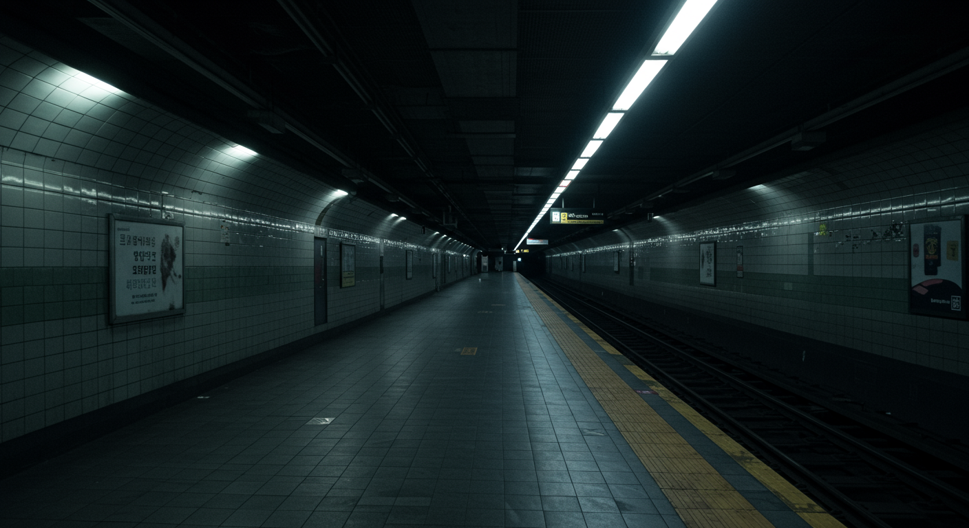 늦은 밤 광림역 지하철 플랫폼에서 초자연적 존재감을 암시하는 그림자와 함께 황량한 장면