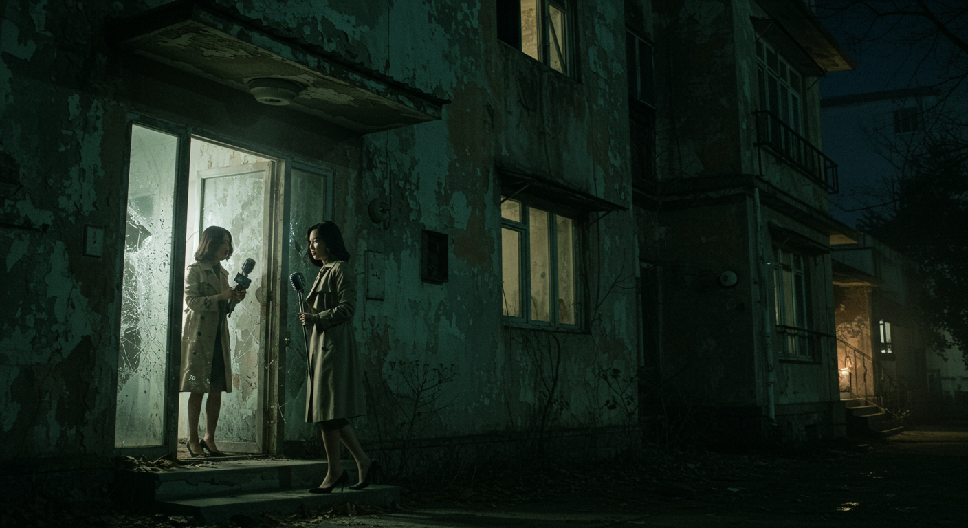 밤에 기자가 저주받은 아파트로 들어가는 모습이 묘사된 초현실적인 장면