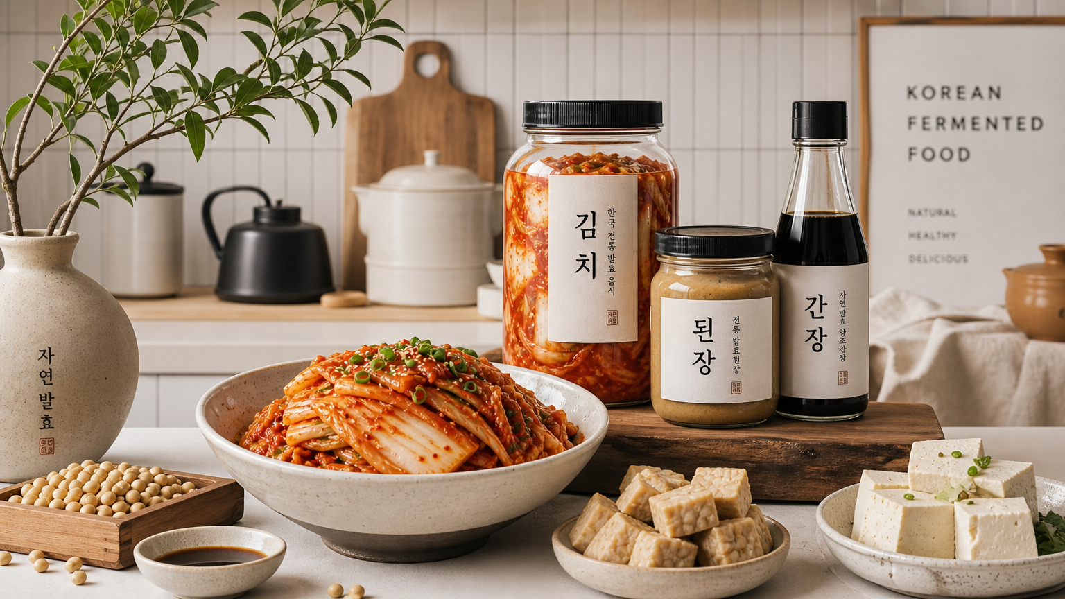 세련된 한국 주방에 놓인 김치와 된장 등 발효 음식들