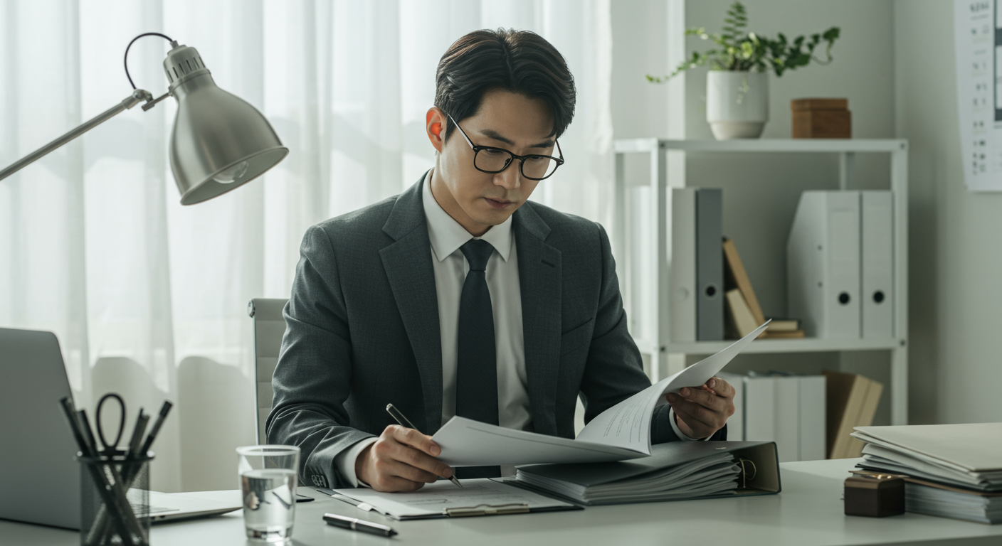 전문적인 사무실 환경에서 수집된 증거 파일을 분석하는 한국 법률 전문가
