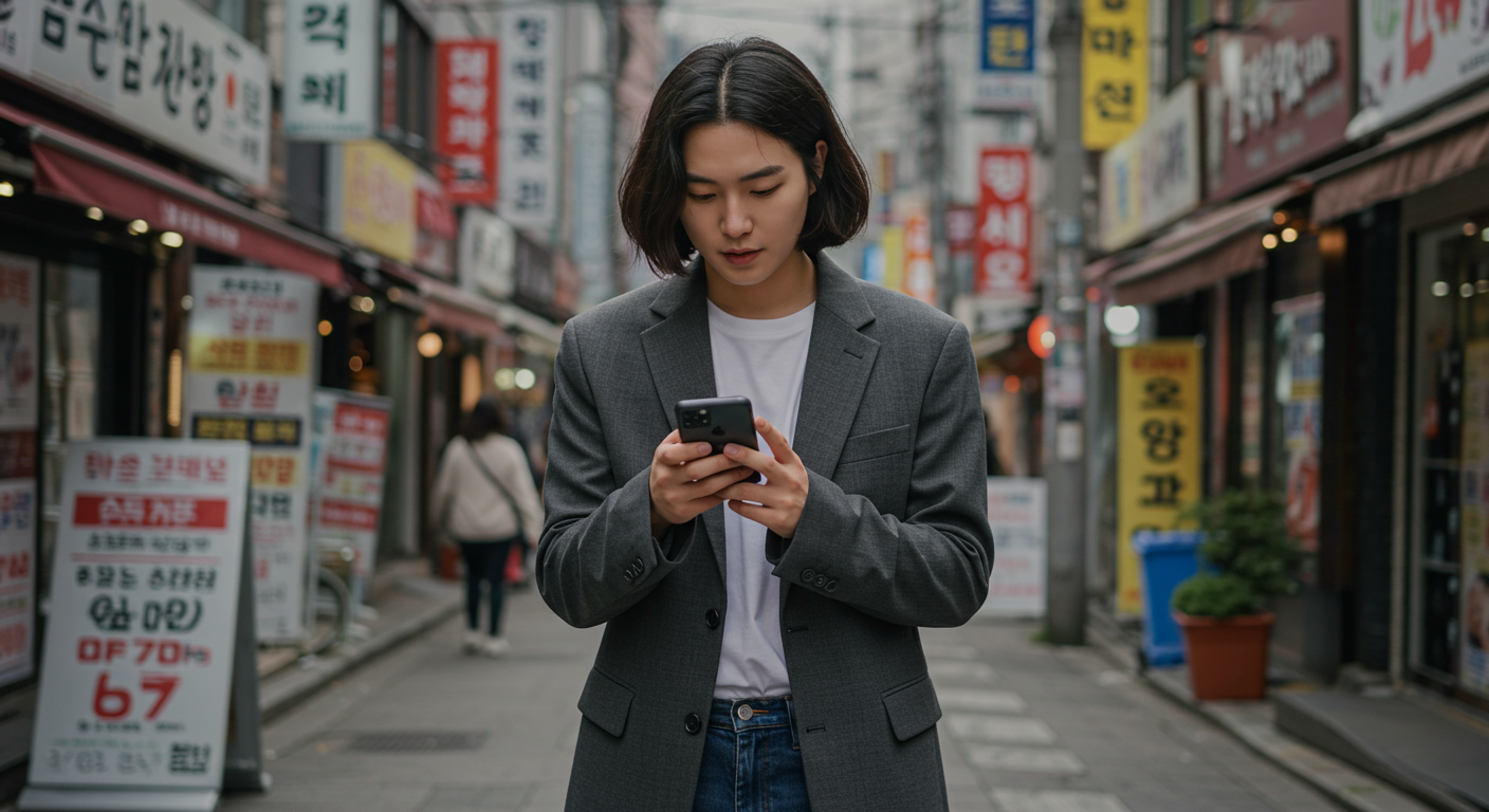 현대적 도시 배경에서 경제 회복 지원금 뉴스를 읽고 있는 직장인의 모습