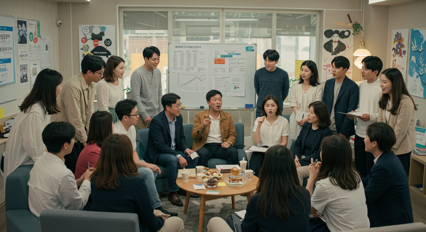 지역 커뮤니티 센터에서 다양한 사람들이 모여 지원금 정보를 논의하는 장면