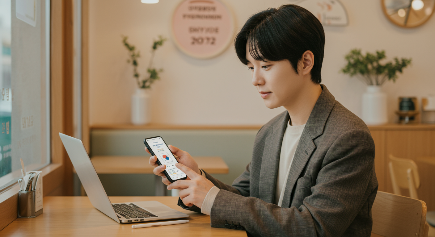 카페에서 모바일 앱을 통해 정부 지원금을 신청하는 기술 친화적인 한국인의 모습
