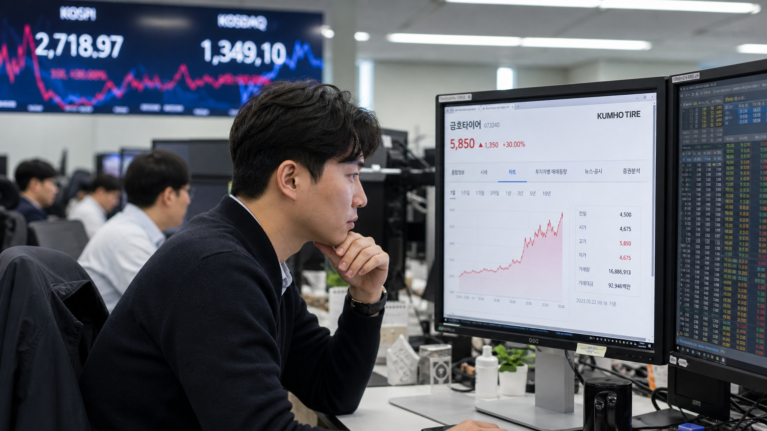 사무실에서 컴퓨터 화면에 나타난 금호타이어의 주가 상승 차트를 분석하는 증권 전문가