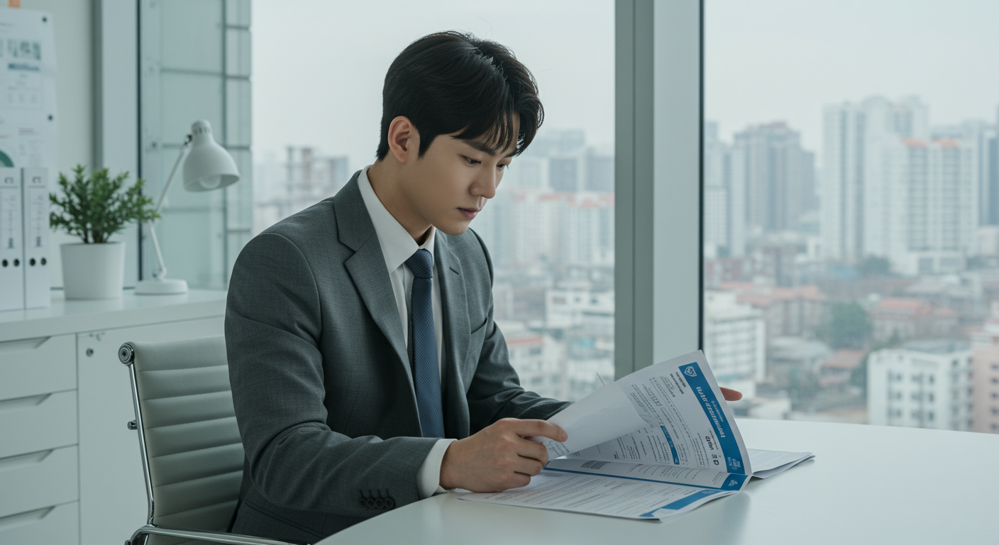 현대적인 사무실에서 건강검진 정보 문서를 검토하는 젊은 직장인