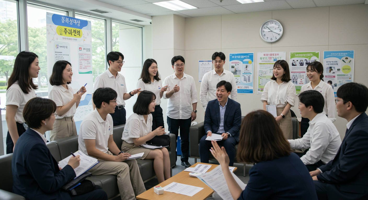 정부 건물 대기실에서 건강검진 과정을 논의하는 공무원 지원자들