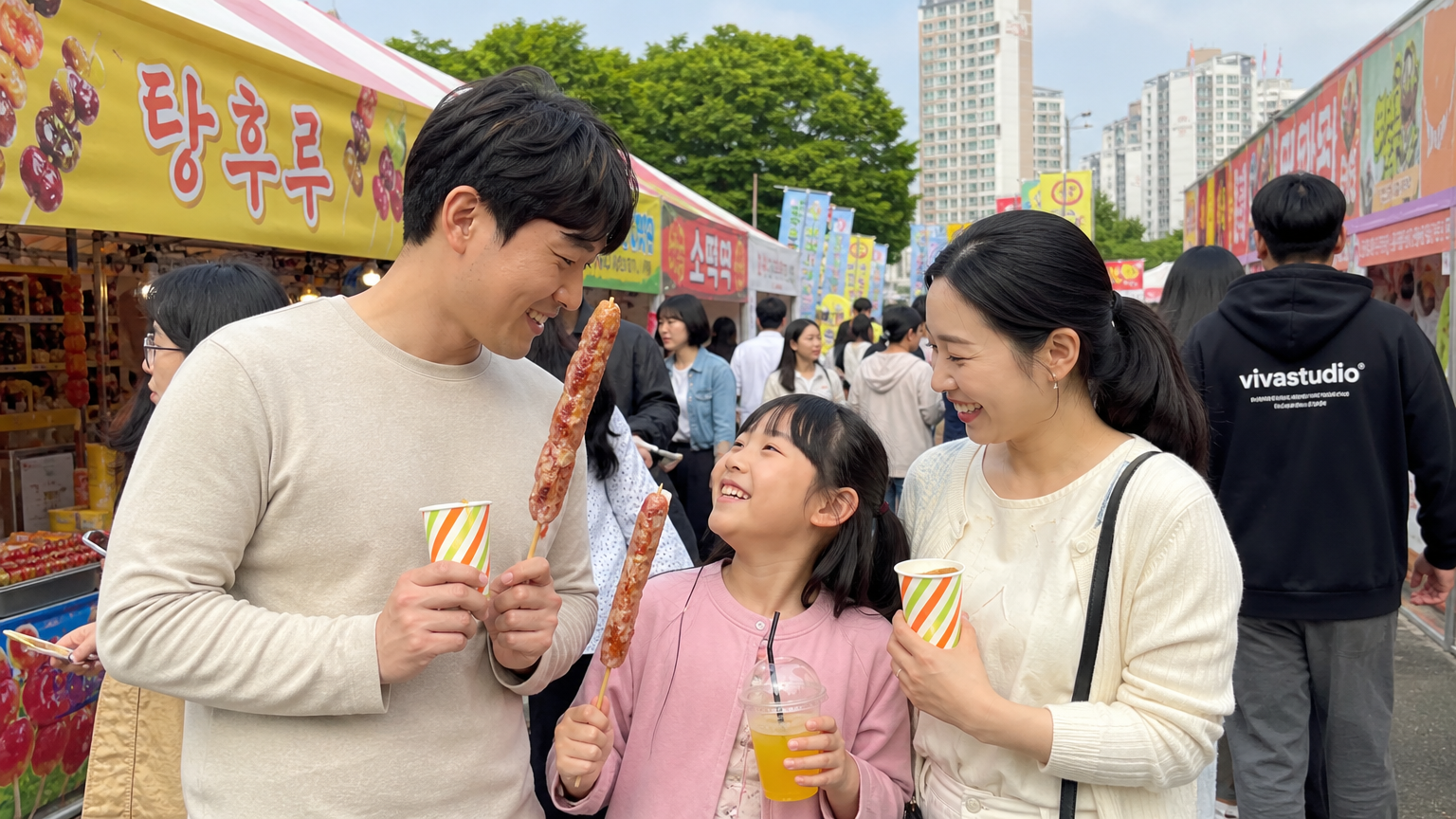 한국의 축제에서 즐거운 시간을 보내는 가족