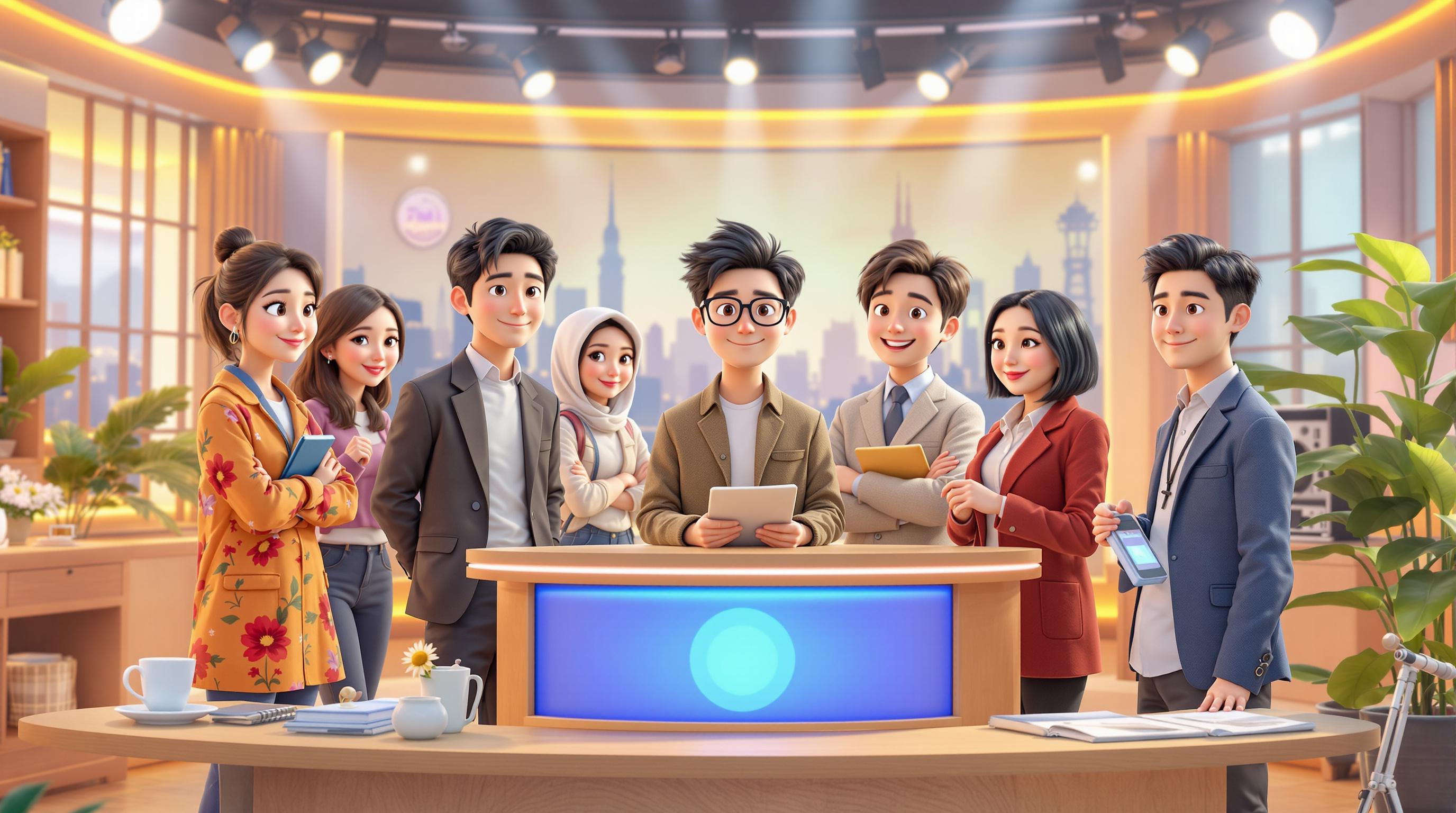 다양한 전문직을 가진 한국인 참가자들이 TV 프로그램 세트장에서 각자의 개성을 보여주는 장면