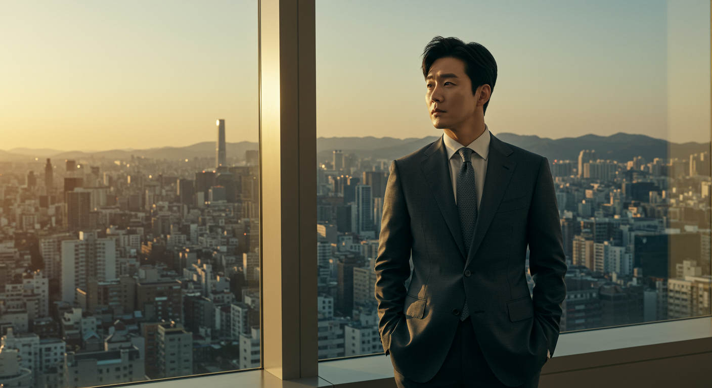 도시 스카이라인을 보며 미래 성장 전략을 구상하는 CEO
