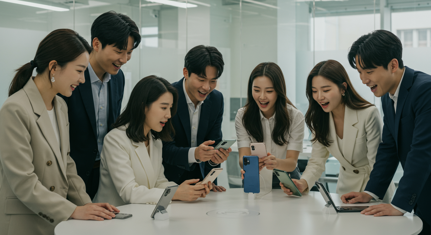 현대 사무실에서 다양한 한국 전문가들이 새로운 갤럭시 S26 모델을 살펴보는 장면