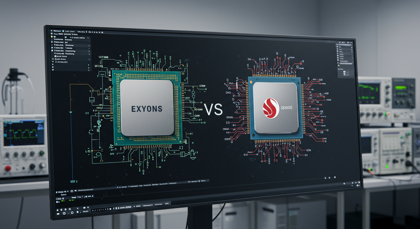첨단 연구소에서 기술 다이어그램 화면에 나란히 있는 엑시노스와 스냅드래곤 프로세서
