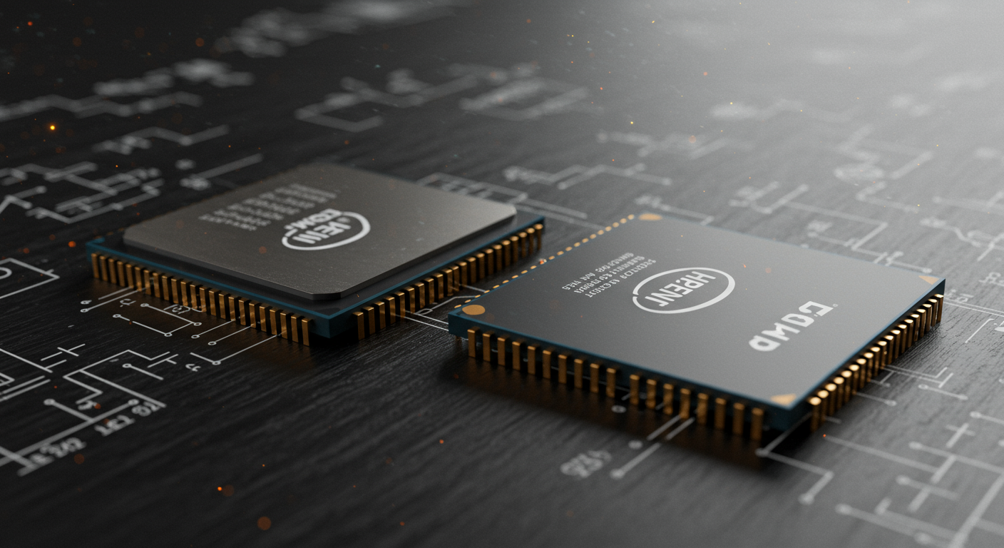 인텔과 AMD CPU 칩이 책상 위에 놓여 있고 배경에 기술 도면이 보이는 장면