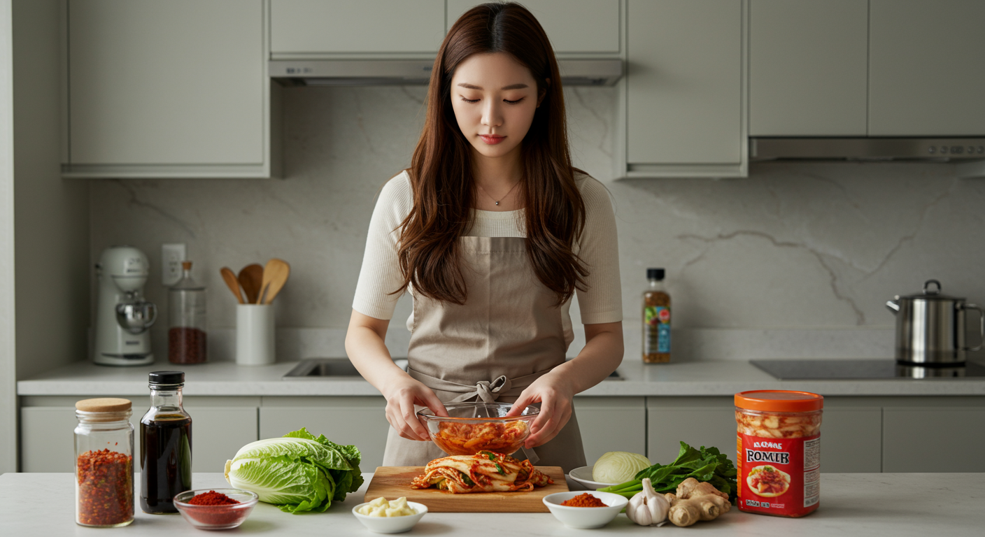절이는 과정 없이 빠르고 간편하게 김치를 준비하는 현대적인 주방