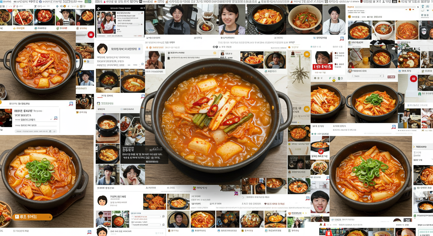 온라인 커뮤니티에서 김치찌개 레시피를 활발히 논의하는 모습