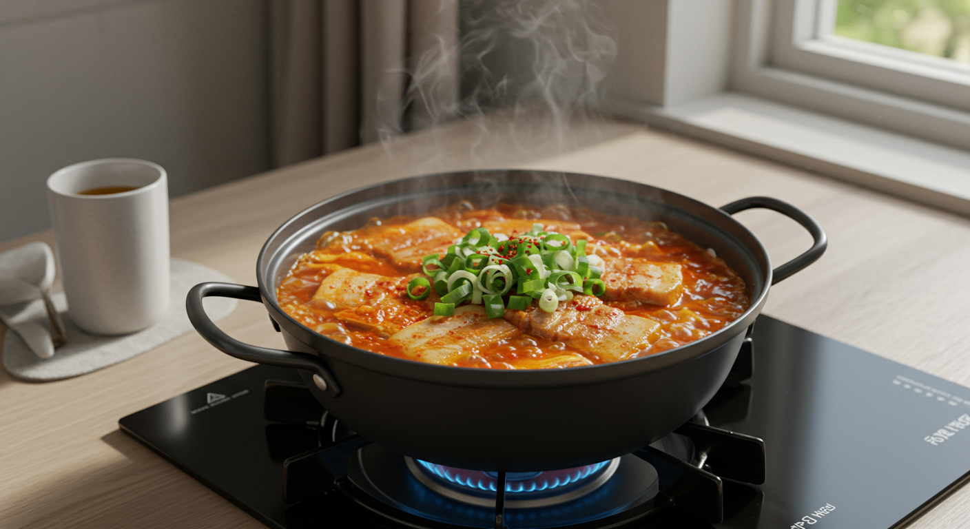 현대적인 주방에서 보글보글 끓고 있는 돼지고기 김치찌개의 모습