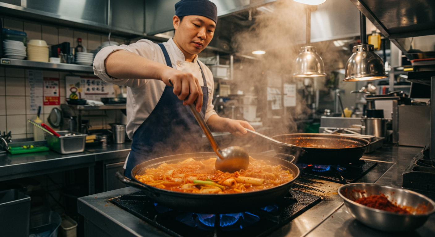 식당 주방에서 신속하게 준비되는 다양한 재료의 김치찌개의 모습