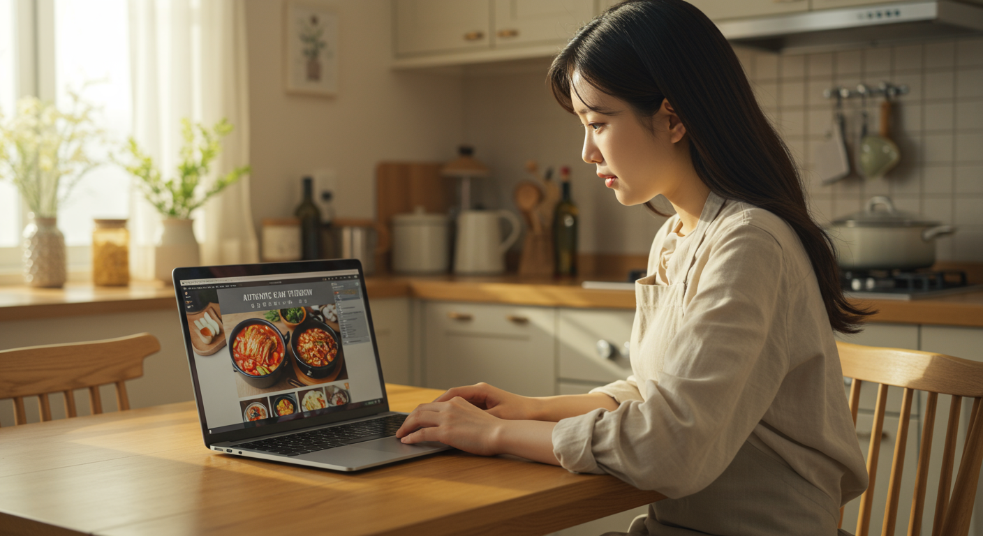 편안한 주방에서 유튜브 영상을 보며 정통 김치찌개를 만드는 젊은 여성의 모습