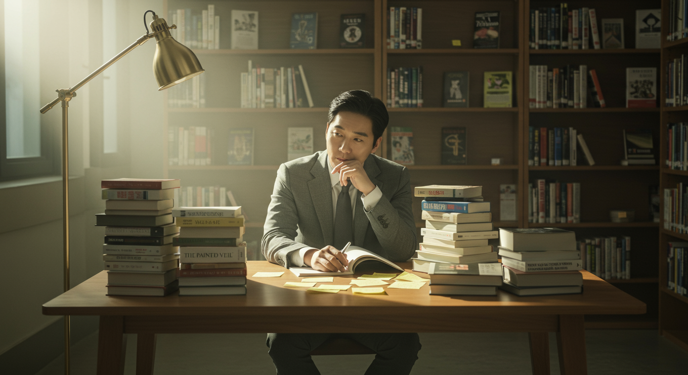 현대 도서관에서 '페인티드 베일'에 대해 깊이 생각하는 영화 평론가의 모습