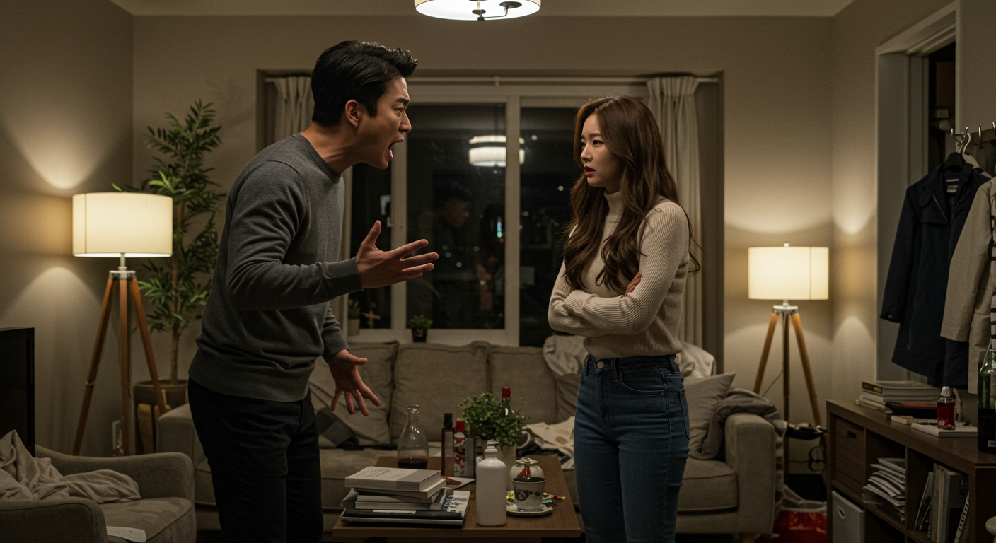 현대 아파트에서 감정적으로 격렬한 논쟁을 벌이는 한국 커플의 모습