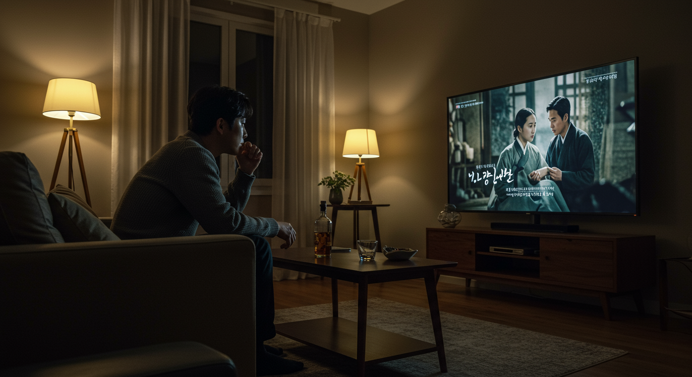편안한 거실에서 혼자 영화 '페인티드 베일'을 보며 주제를 곰곰이 생각하는 한국 관객의 모습