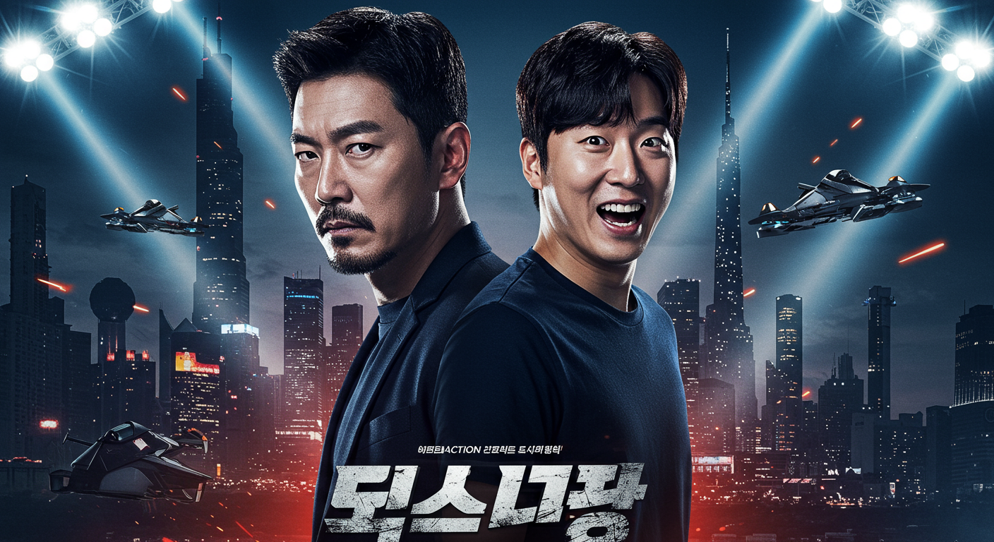 드라마틱한 배경에서 서로 다른 표정을 짓고 있는 두 명의 한국 배우가 등장하는 영화 포스터
