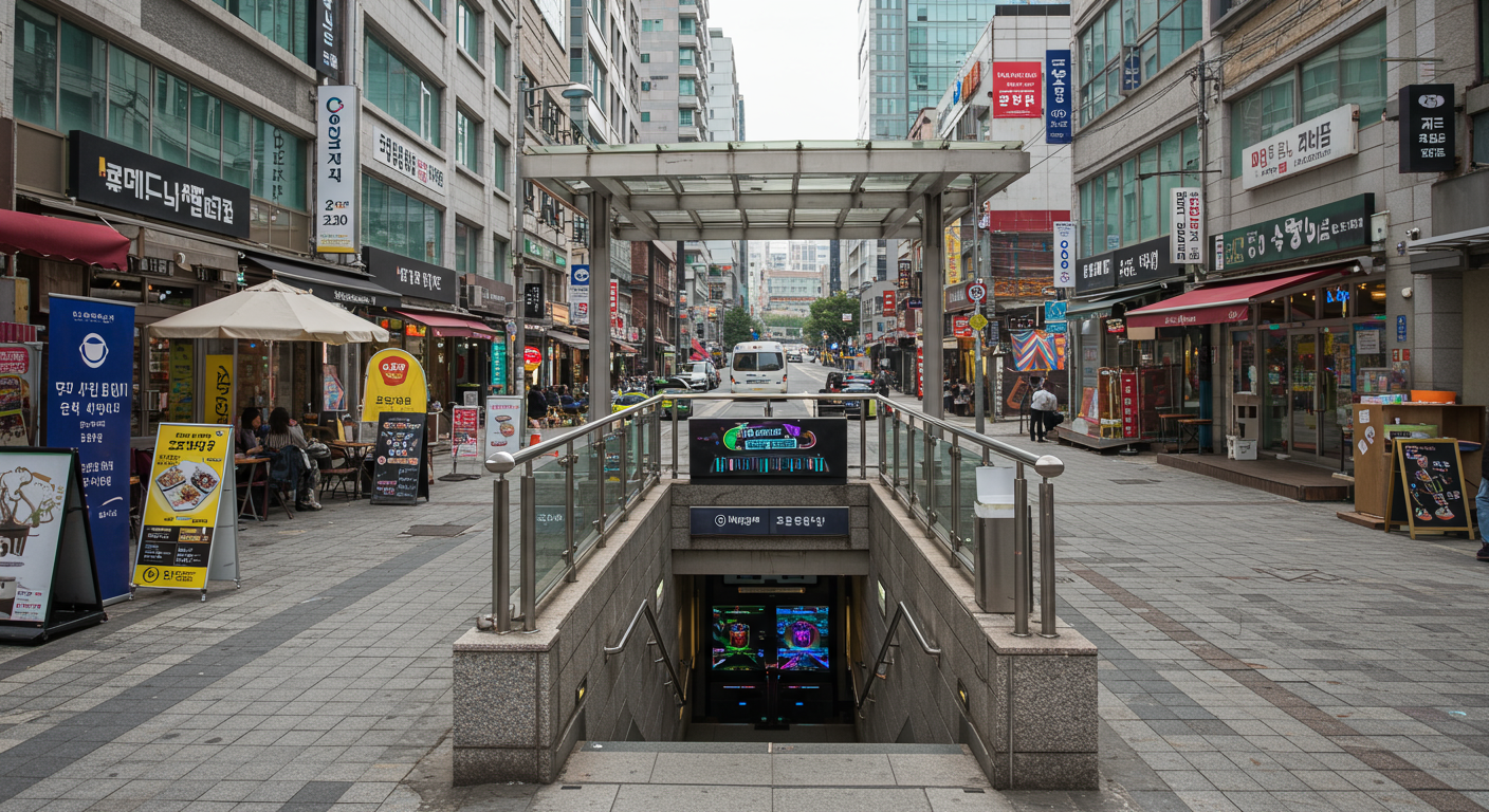 서울 시내 전철역 입구가 있는 번화가 거리 풍경과 게임 장소로 쉽게 접근할 수 있는 모습