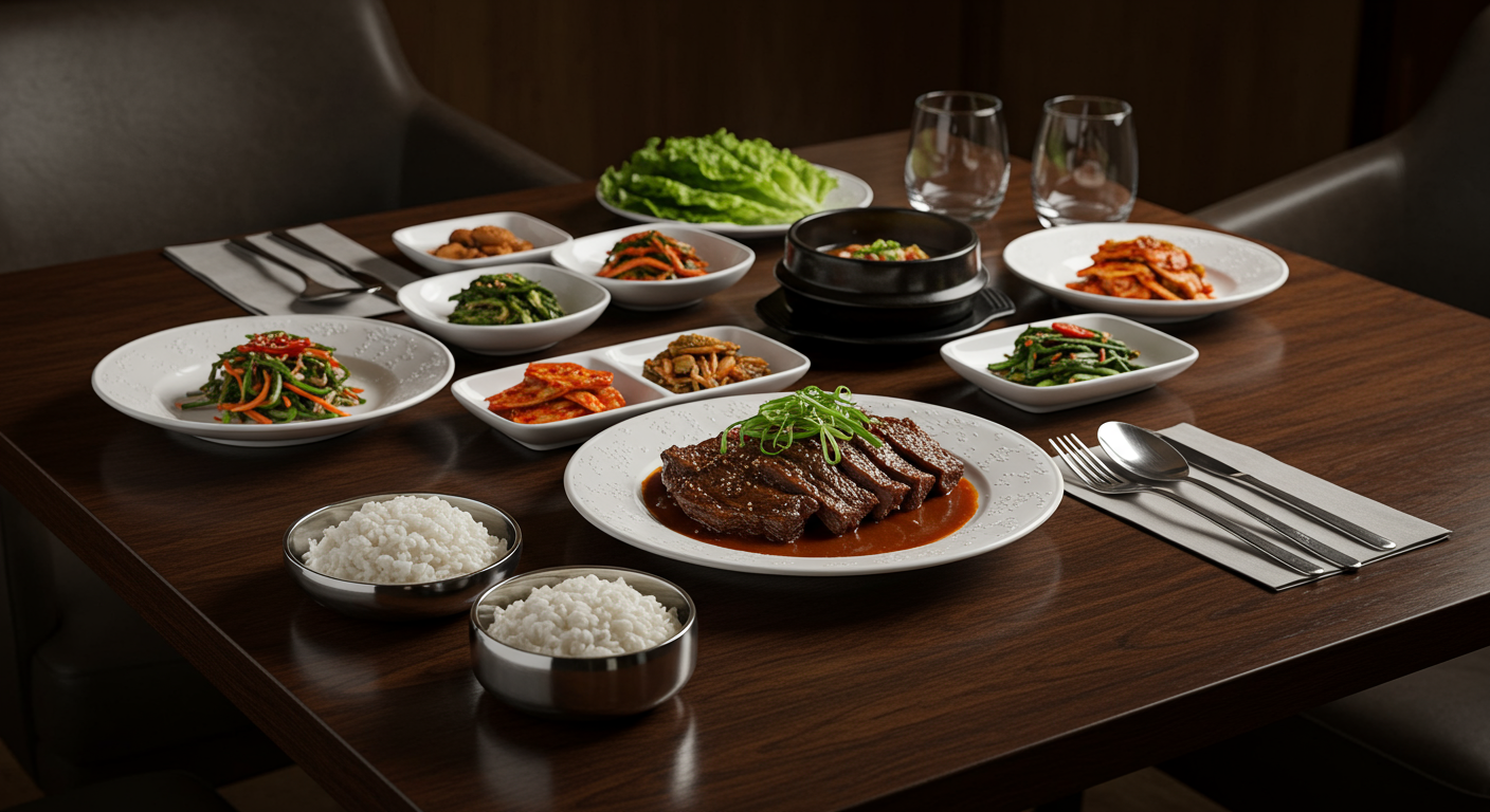 고급스러운 상차림으로 제공되는 부드러운 갈비찜과 다양한 반찬