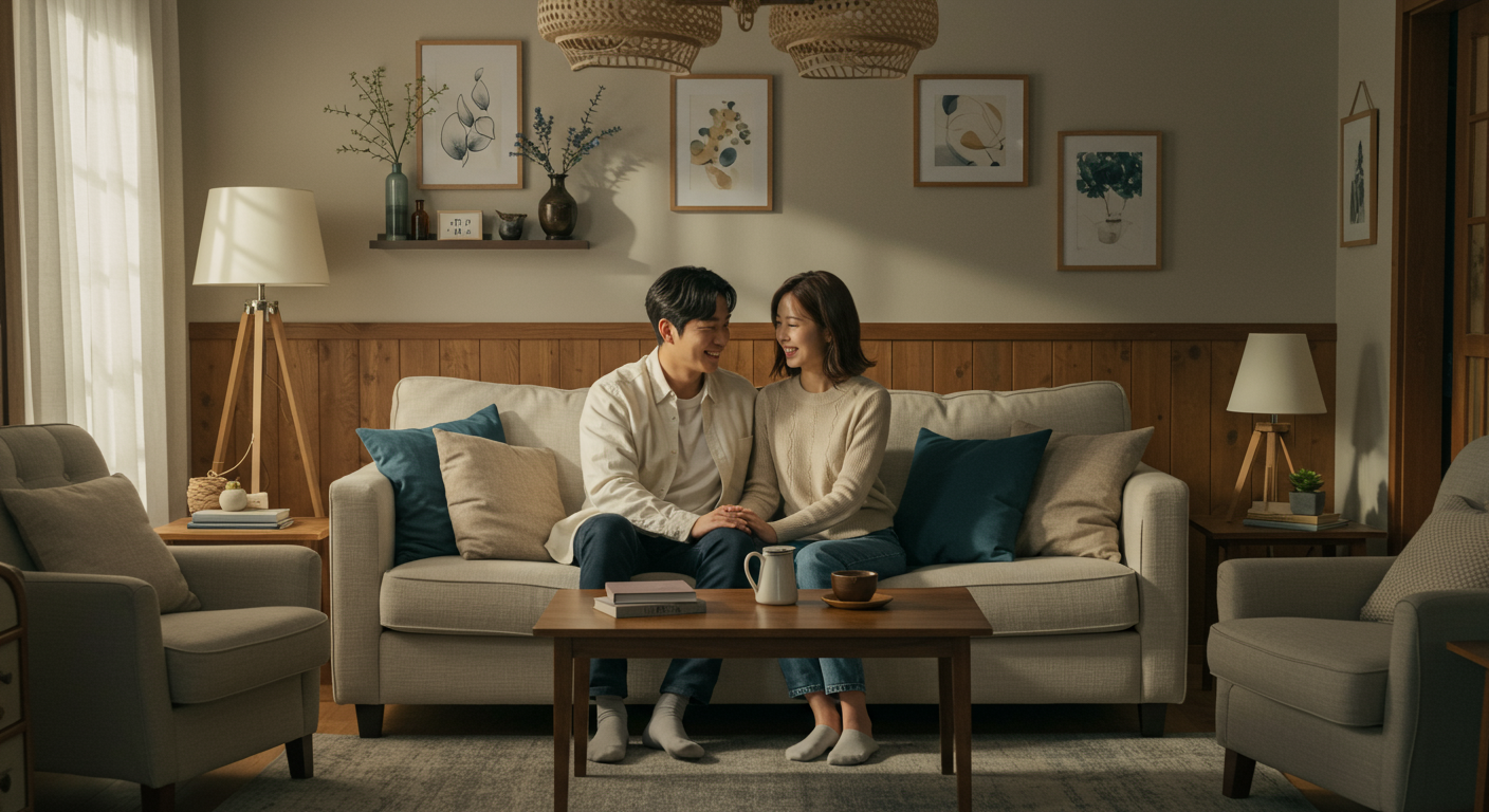 아늑한 거실에서 서로를 애정 어린 눈길로 바라보는 현대적인 커플의 모습