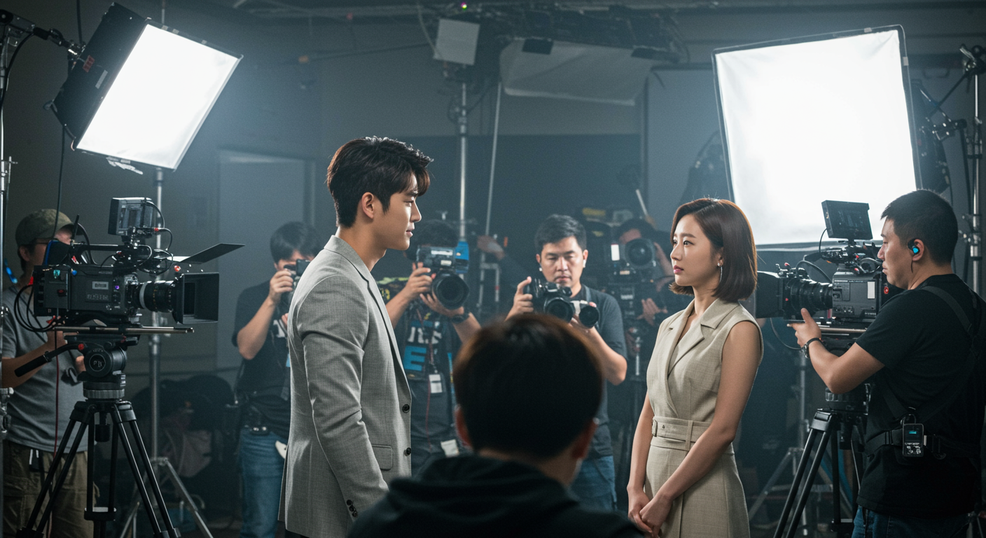 인기 TV 쇼 세트장에서 두 명의 한국 연예인이 카메라와 촬영팀과 함께 있는 모습