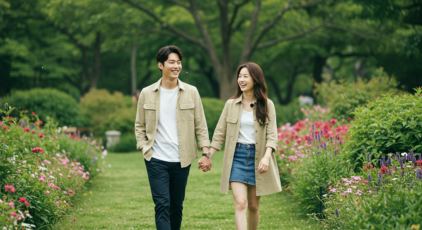 공원에서 손을 잡고 미소 짓는 한국 연예인 커플의 모습