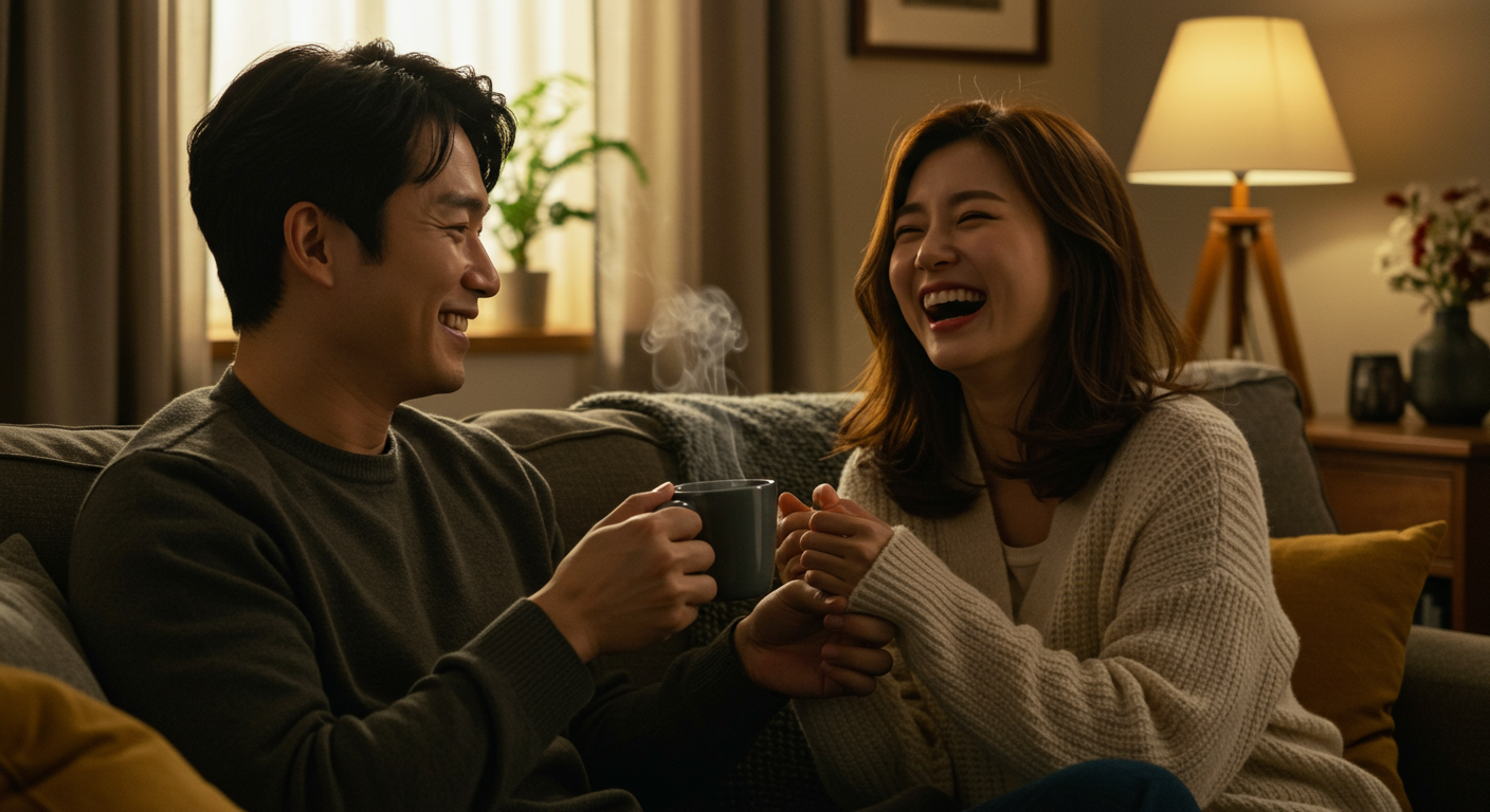 편안한 거실에서 커피를 마시며 웃고 있는 한국 커플의 모습