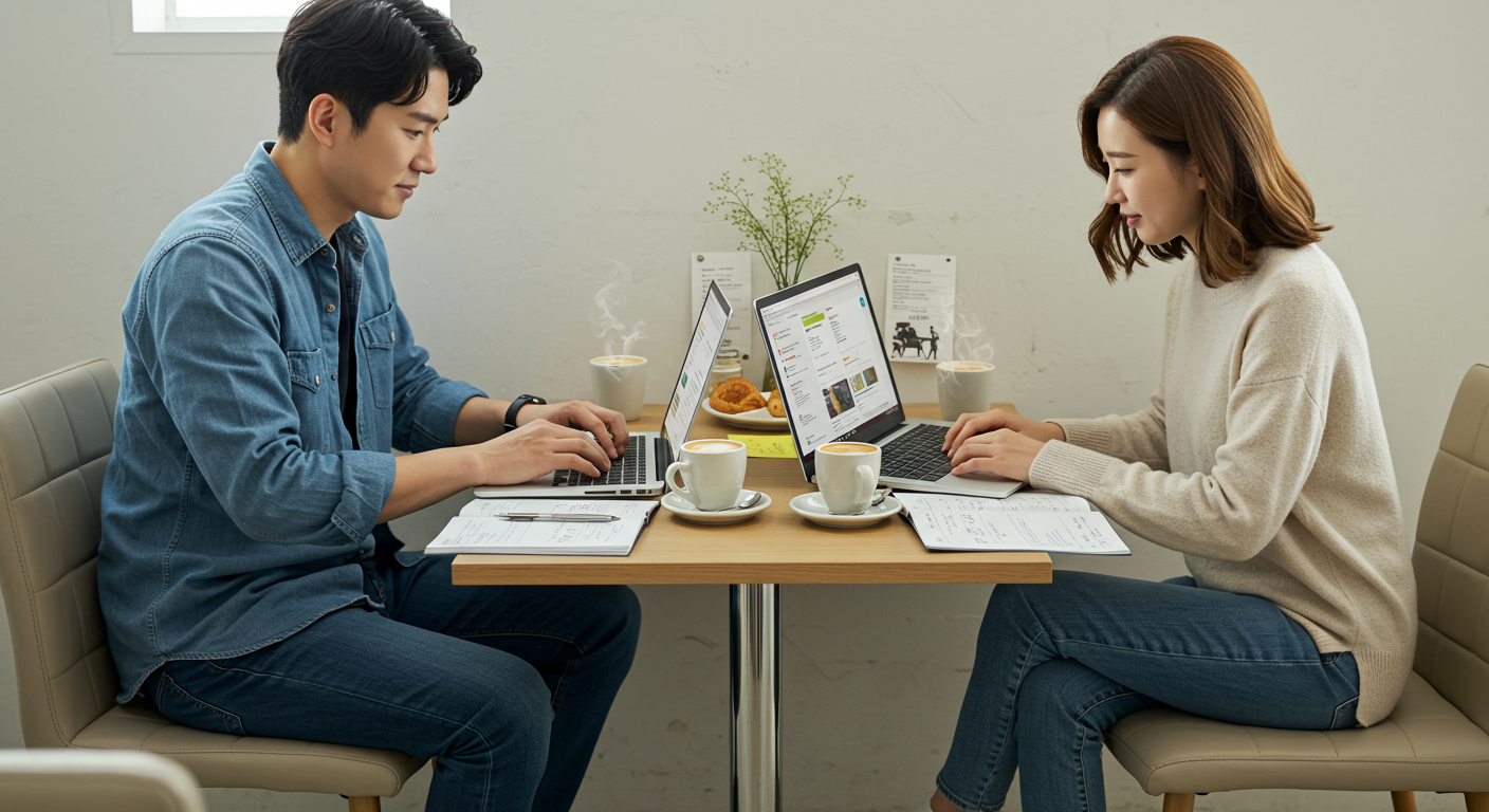 카페에서 노트북과 메모지를 놓고 중고 캠핑 장비 가격을 분석하는 한국 커플