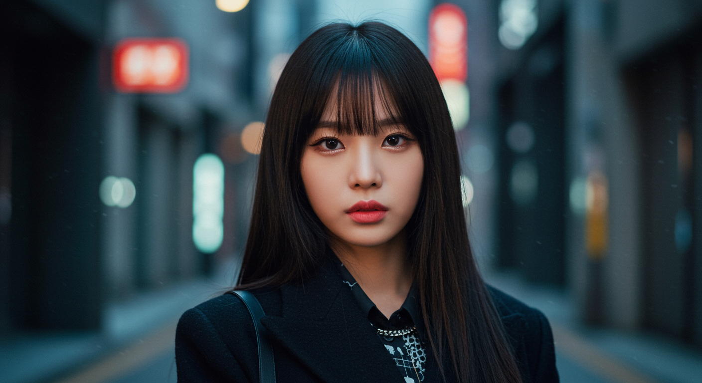 앞머리 스타일로 화려한 이목구비를 강조한 도시적 분위기의 여성