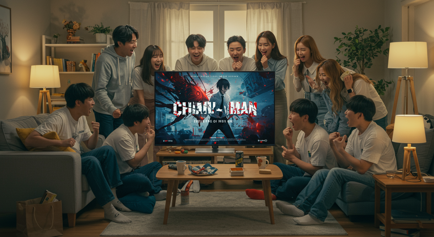 큰 화면에 체인소맨 포스터가 보이는 거실에서 애니메이션을 기다리는 팬들