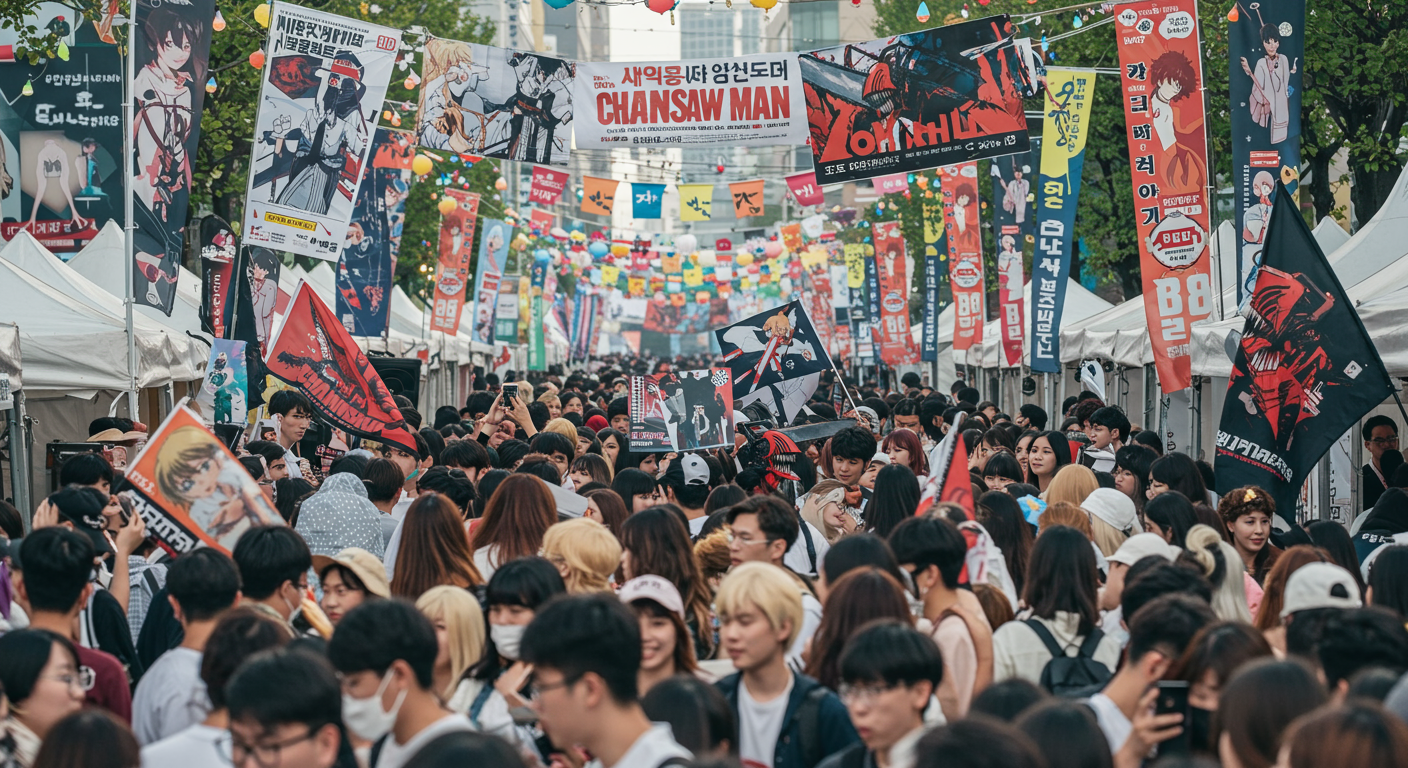 야외 애니메이션 축제에서 체인소맨 관련 상품을 들고 있는 팬들 모습