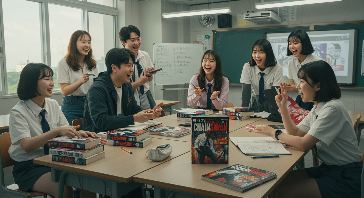 교실에서 체인소맨 시즌2 스토리를 토론하는 학생들