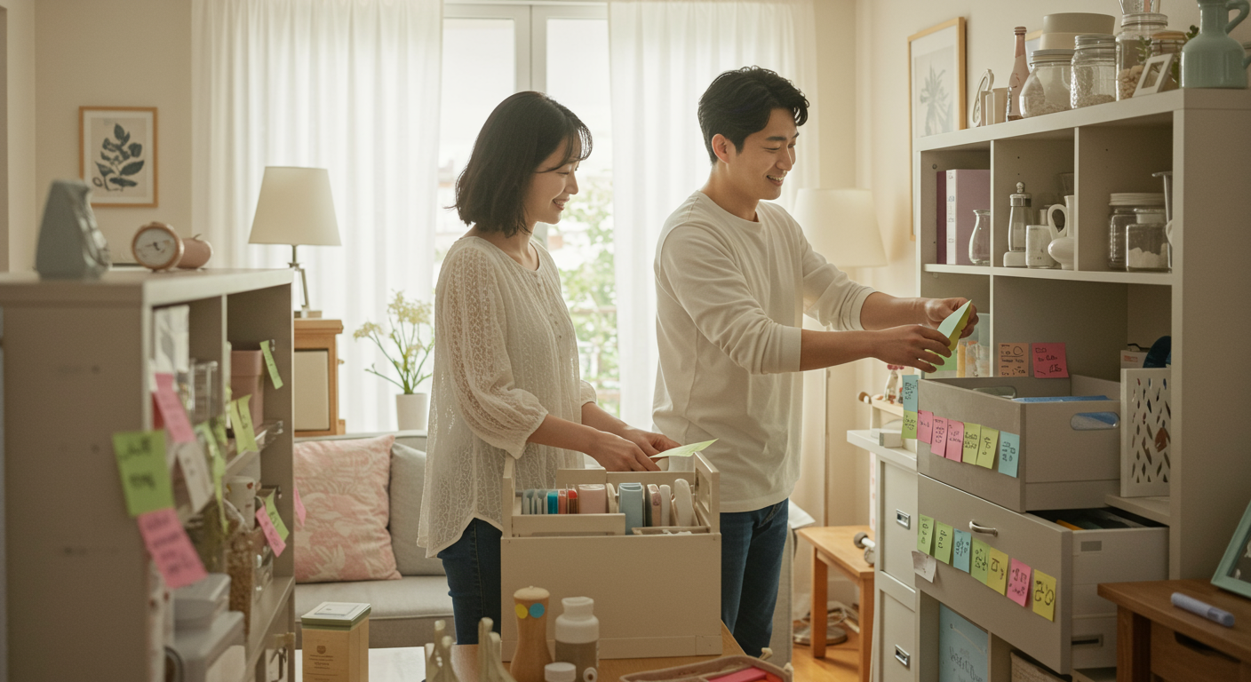 밝은 거실에서 포스트잇을 사용하여 물건을 정리하는 부부