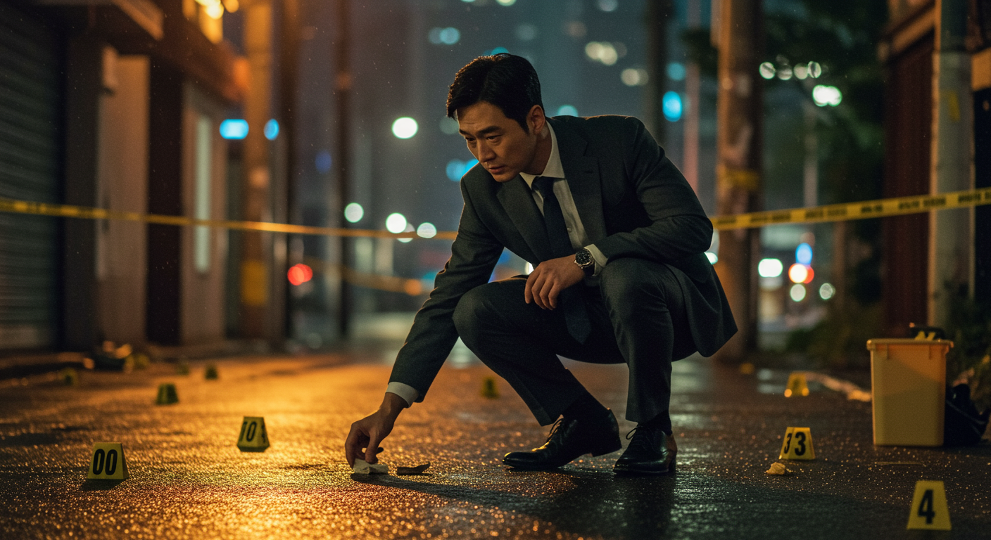 도시 야경 속 범죄 현장을 조사하는 한국인 형사의 모습