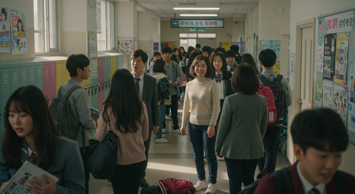 고등학교 복도에서 학생과 교사가 활발히 소통하는 장면