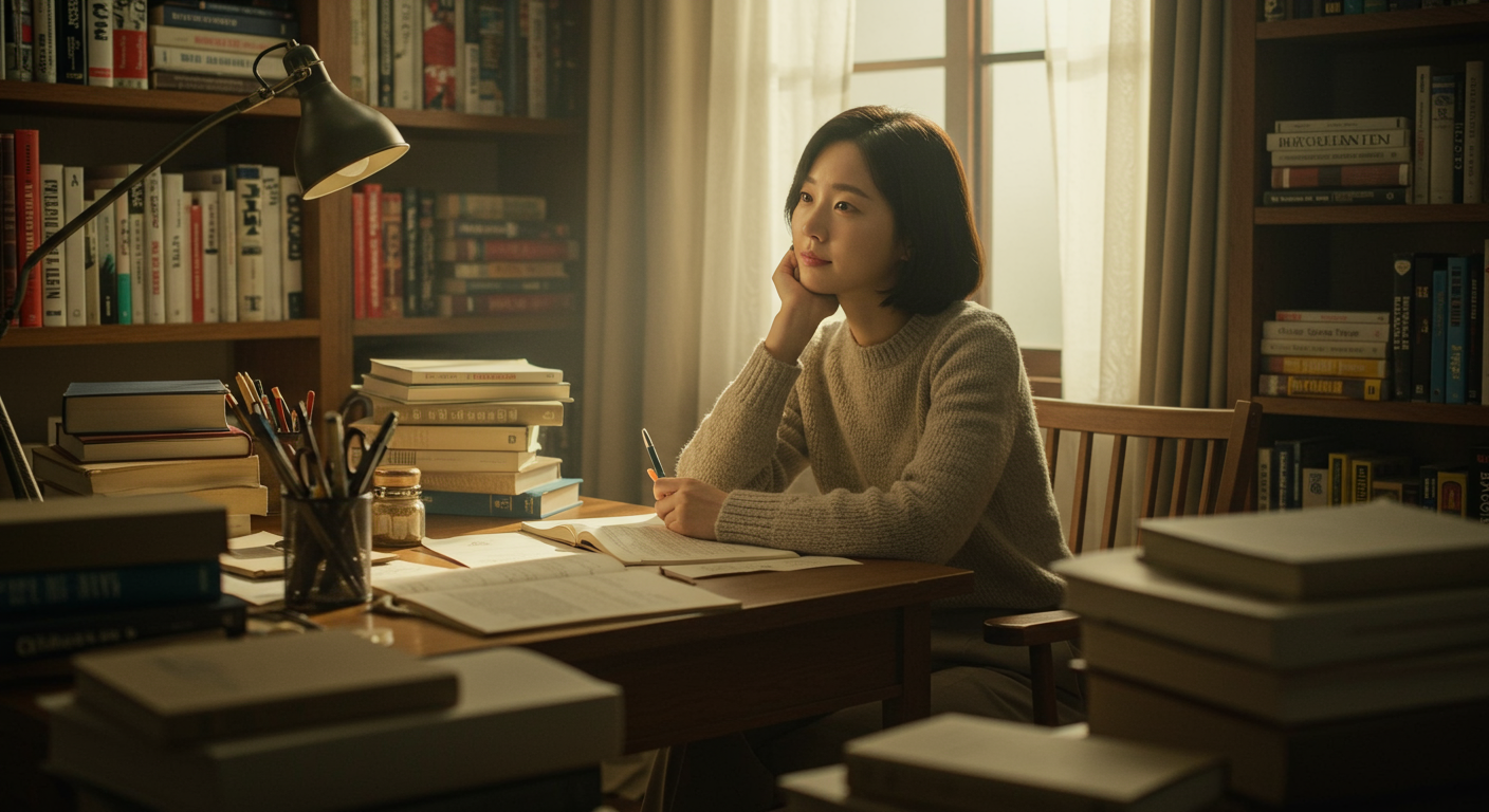 작가 사무실에서 대본과 책에 둘러싸여 있는 한국 여배우의 모습