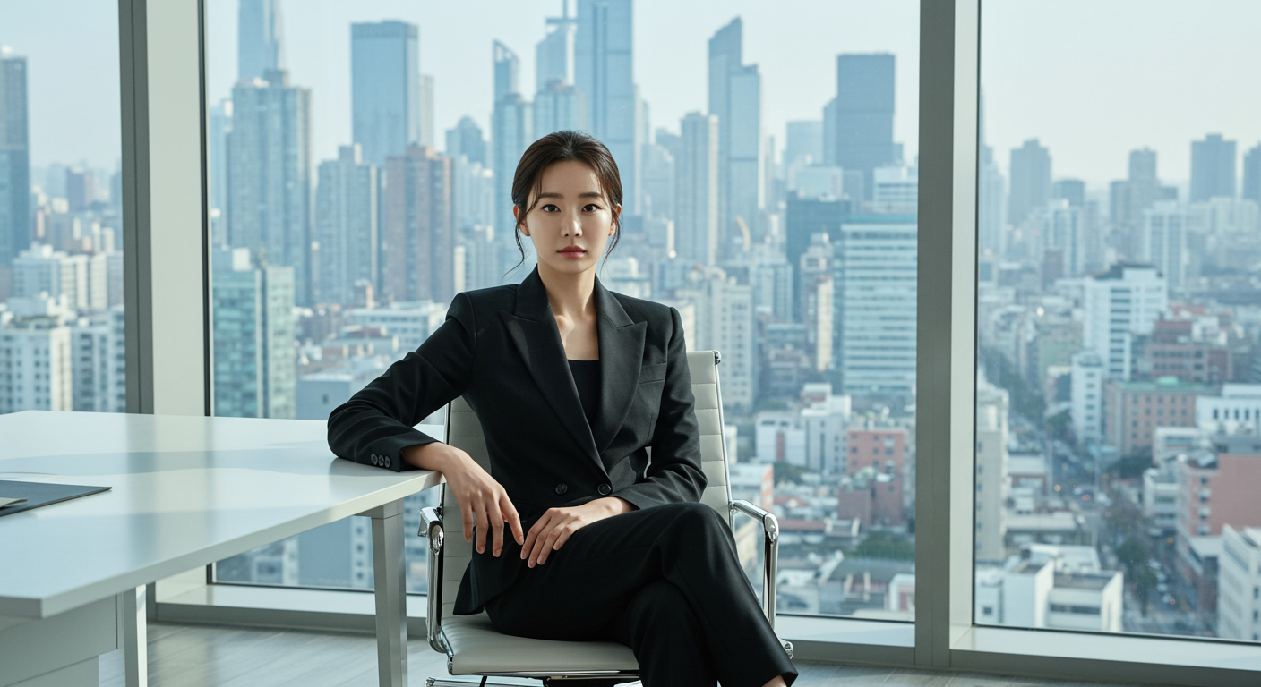 도시 전경이 보이는 사무실에서 자신감 넘치는 모습의 한국 여배우
