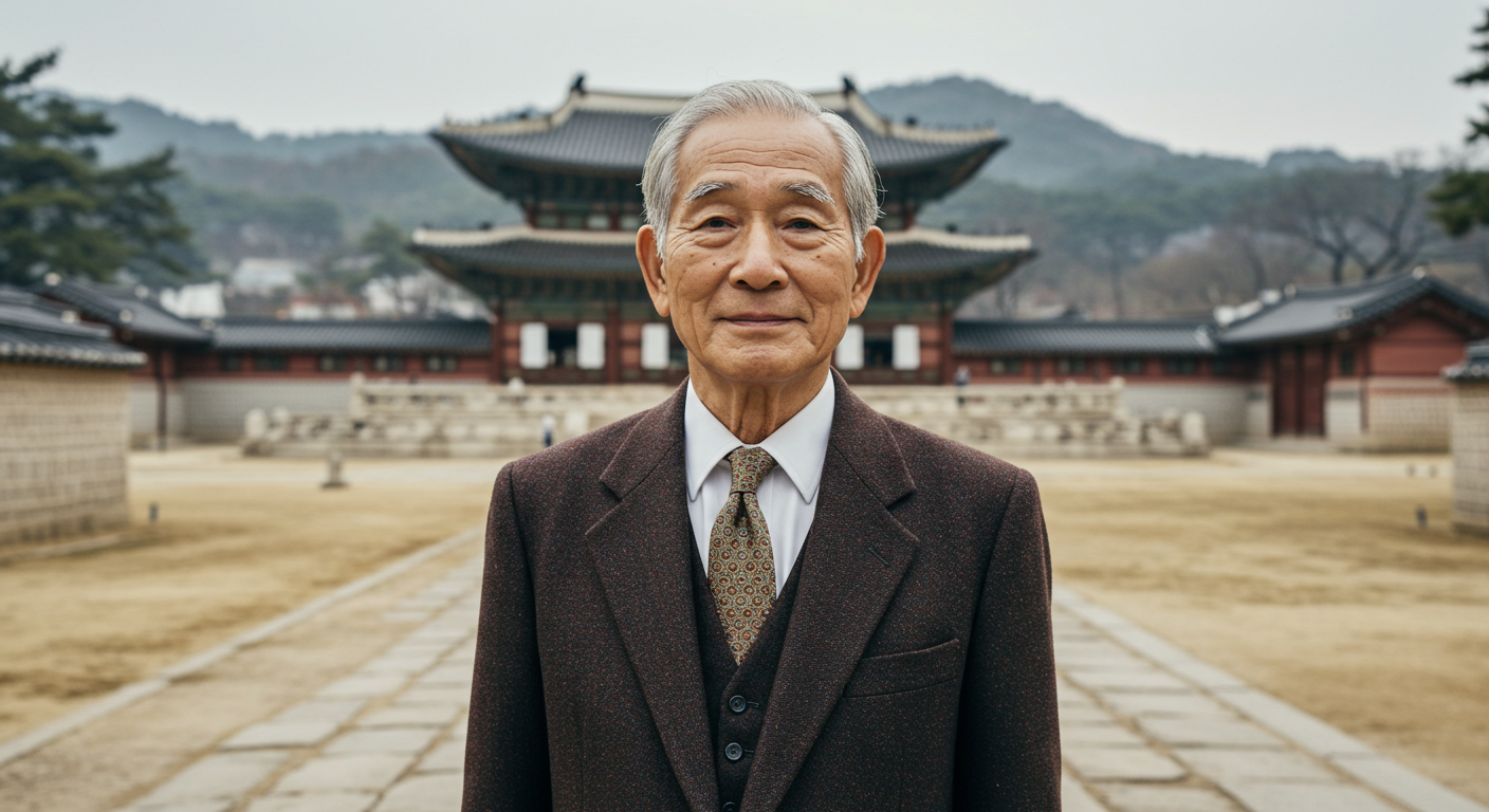 중년기의 대표적인 얼굴 특징을 지닌 노배우가 역사적인 랜드마크 배경 앞에 서 있는 모습