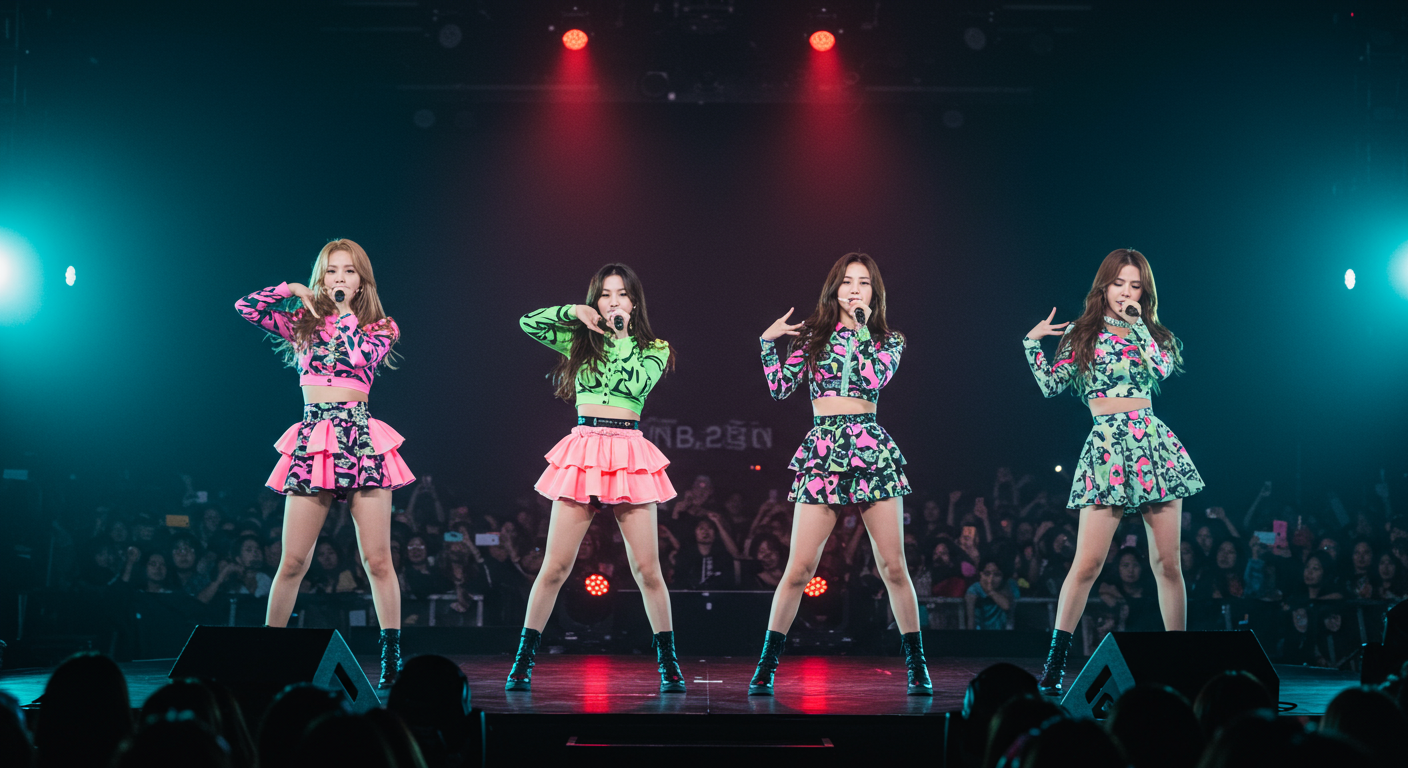 네 명의 멤버가 화려한 의상으로 콘서트 무대에서 공연하는 모습