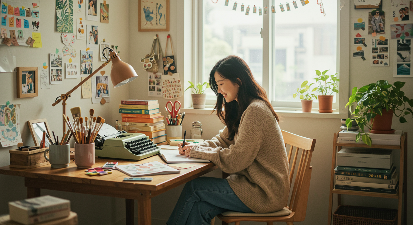 아늑한 홈오피스에서 자유롭게 일하는 여성이 있는 장면